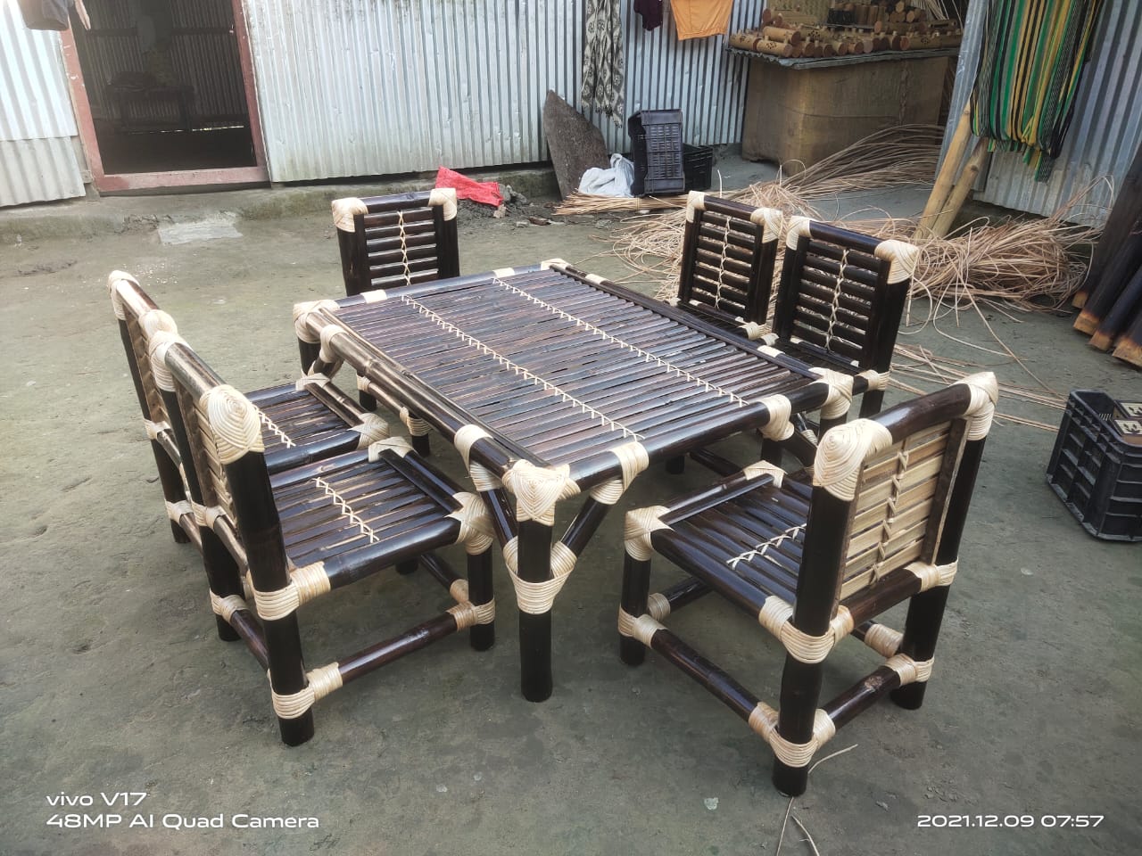 Bamboo Dining Table and chairs (four persons) Glass Top 